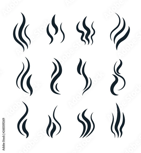 Smell symbols. Heating pictograms, cooking steam warm aroma smells stinks mark, steaming vapour smoke, odour stench vector icons. Illustration of smell fume and scent, line evaporation