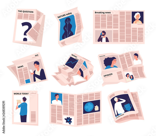 Periods newspapers. Modern tabloid news publication, newspaper bundle rumpled paper sheets. Business press journal isolated vector set. Tabloid page, publication daily newspaper illustration