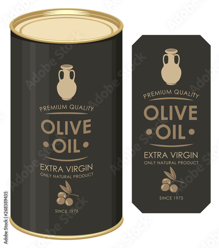 Label for extra virgin olive oil decorated by clay jug and olive twig with berries in retro style on the black background. Vector illustration of label and tin can with this label.