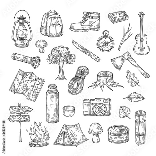 Doodle camping. Hiking camp natural wood scout outdoor summer adventure sketch outline vector icons. Illustration of sketch hiking tourism, travel expedition elements