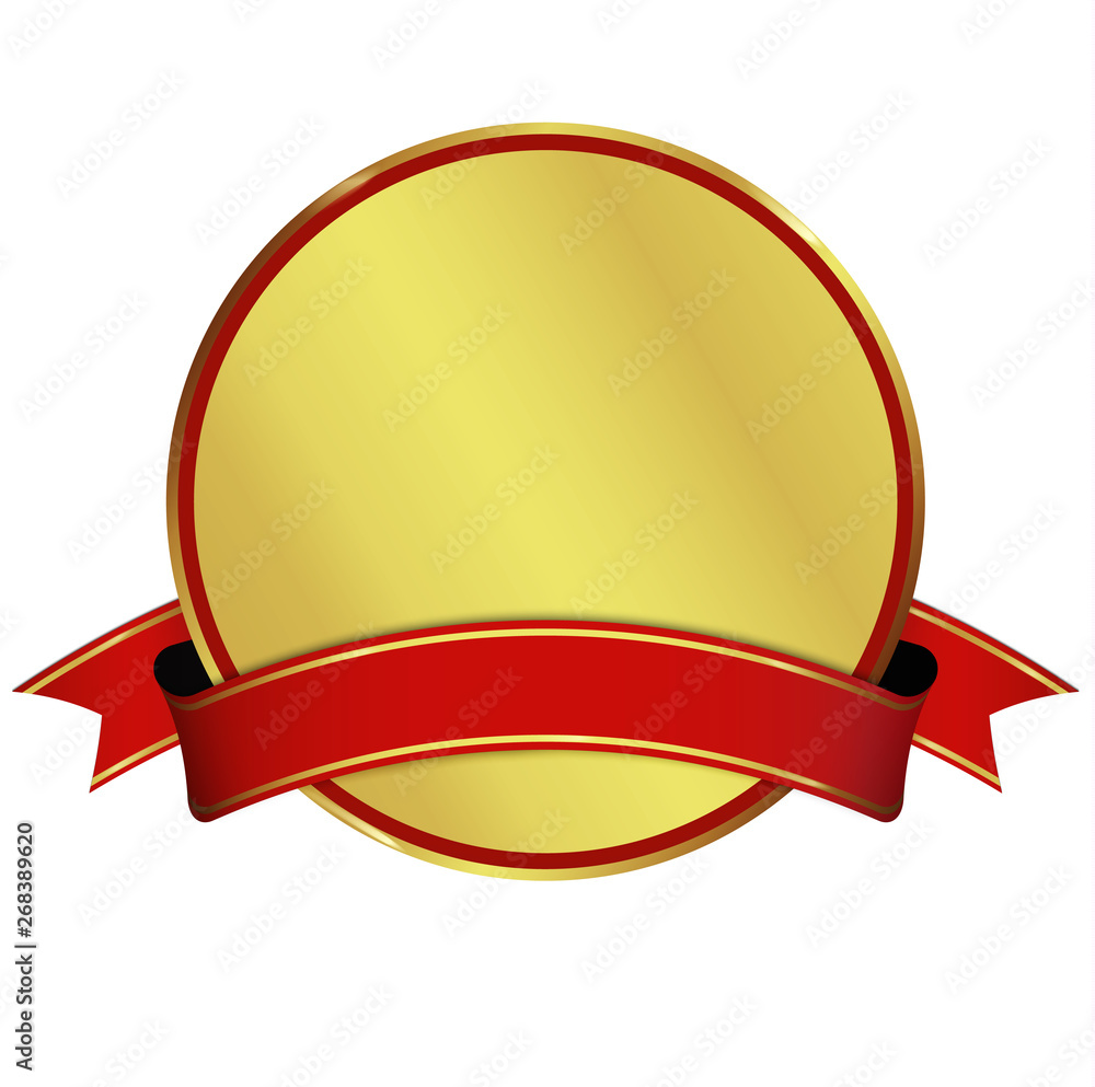 gold round banner with red ribbon on white background gold round banner with red ribbon on white background