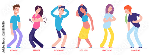 People with heat stroke symptoms vector characters. Illustration of people with symptoms weaknes and tremor, red skin and vomiting