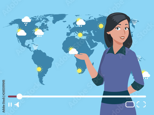 Woman anchorman weather channel vector illustration. Worldwide weather forecast concept. Weather forecast channel, broadcast report about meteorology