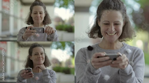 Collage of excited middle-aged Caucasian woman receiving good news on phone, finding problem solution, saluting, laughing. Communication, joy concept