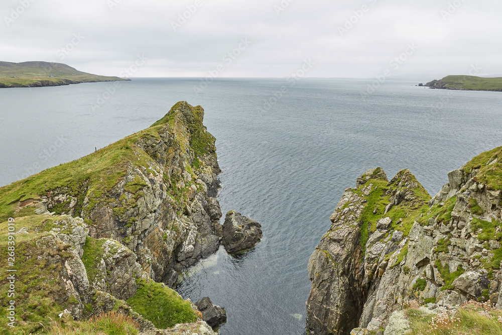 Coastal view toward the Knab in Lerwick, which is the main port on the Shetland Isles, Scotland.
