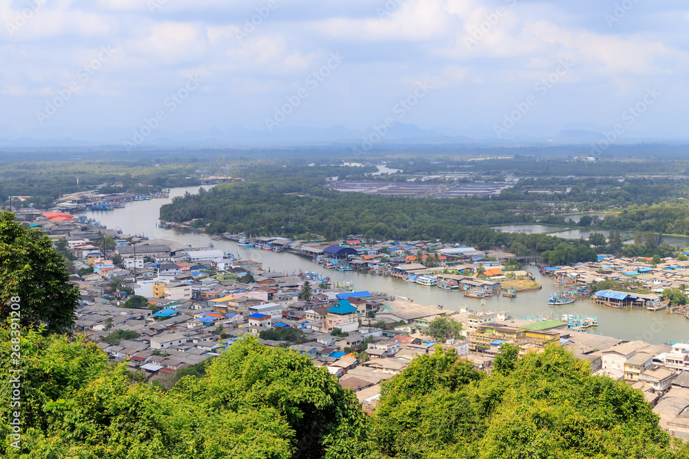 Pak Nam Chumphon town, urban, river, and bay from Khao Matsee Viewpoint