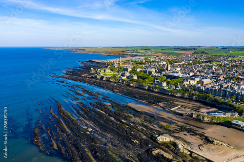 A stunning drone shot of St Andrews' iconic coastline at low tide. 