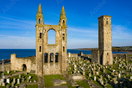 Ruins of the Cathedral of St Andrews, Scotland. Unique Perspective from a drone.