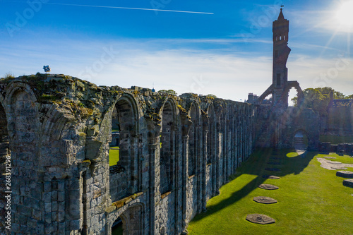 Ruins of the Cathedral of St Andrews, Scotland. Unique Perspective from a drone.