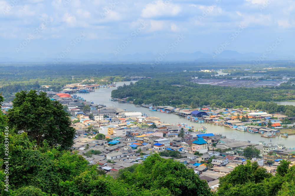 Pak Nam Chumphon town, urban, river, and bay from Khao Matsee Viewpoint