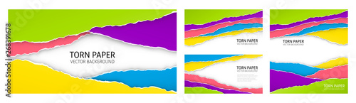 Torn edge paper background set. Colorful vector templates.