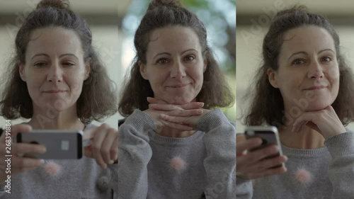 Collage of excited middle-aged Caucasian woman receiving good news on phone, finding problem solution, saluting, smiling, looking overwhelmed.  Communication, joy concept
