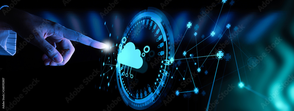 Hand pushing icon Ui of Cloud Computing Technology Internet Storage Network Concept,data science trend era.