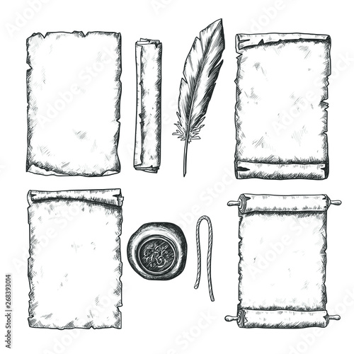 Hand drawn old paper with scroll and feather set, black and white draft sketch isolated on white background. Vintage vector illustration.