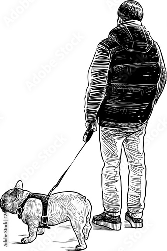 Hand drawing of a townsman with his pet on a stroll