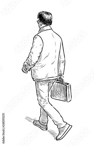 Sketch of a casual city pedestrian with a briefcase
