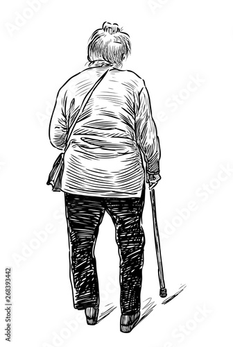 Sketch of an old woman walking with a stick