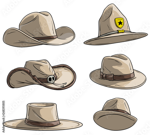 Cartoon different leather caps and hats. Old and retro. Cowboys, sheriff and rangers. Mexican and mafia. Isolated on white background. Vector icon set. Vol. 2