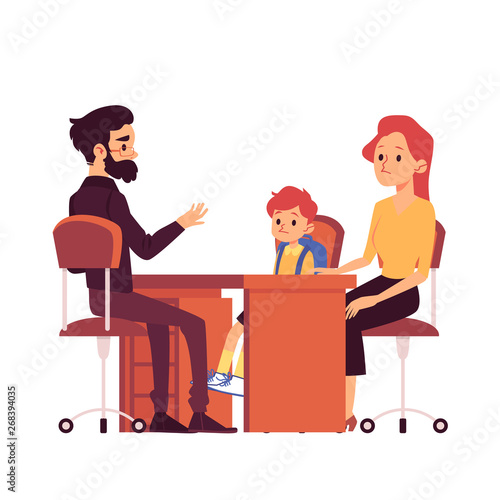 Mom with daughter on consultation in the school flat vector illustration isolated.