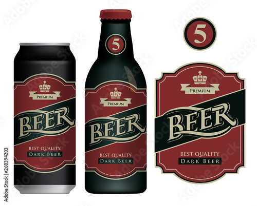 Vector label for dark beer in retro style on a dark red background, decorated by crown and ribbon. Sample beer label on beer can and beer bottle