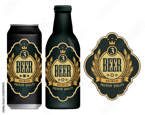 Vector beer label with coat of arms, wreath of wheat and ribbon in figured frame on black and gold background in retro style. Sample beer label on beer can and beer bottle