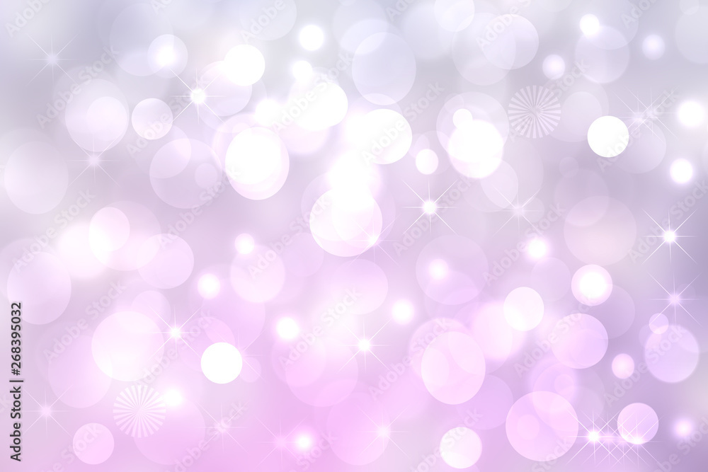 Abstract gradient of pink violet pastel light background texture with glowing circular bokeh lights and stars. Beautiful colorful spring or summer backdrop.