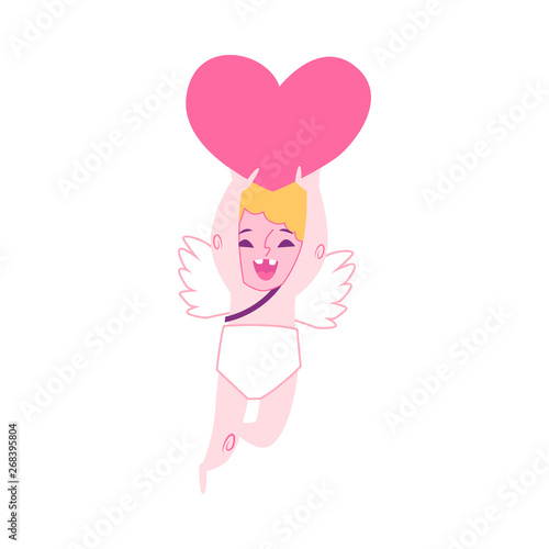 Little cute baby angel, cupid and amur smiles, flies and holds the heart.