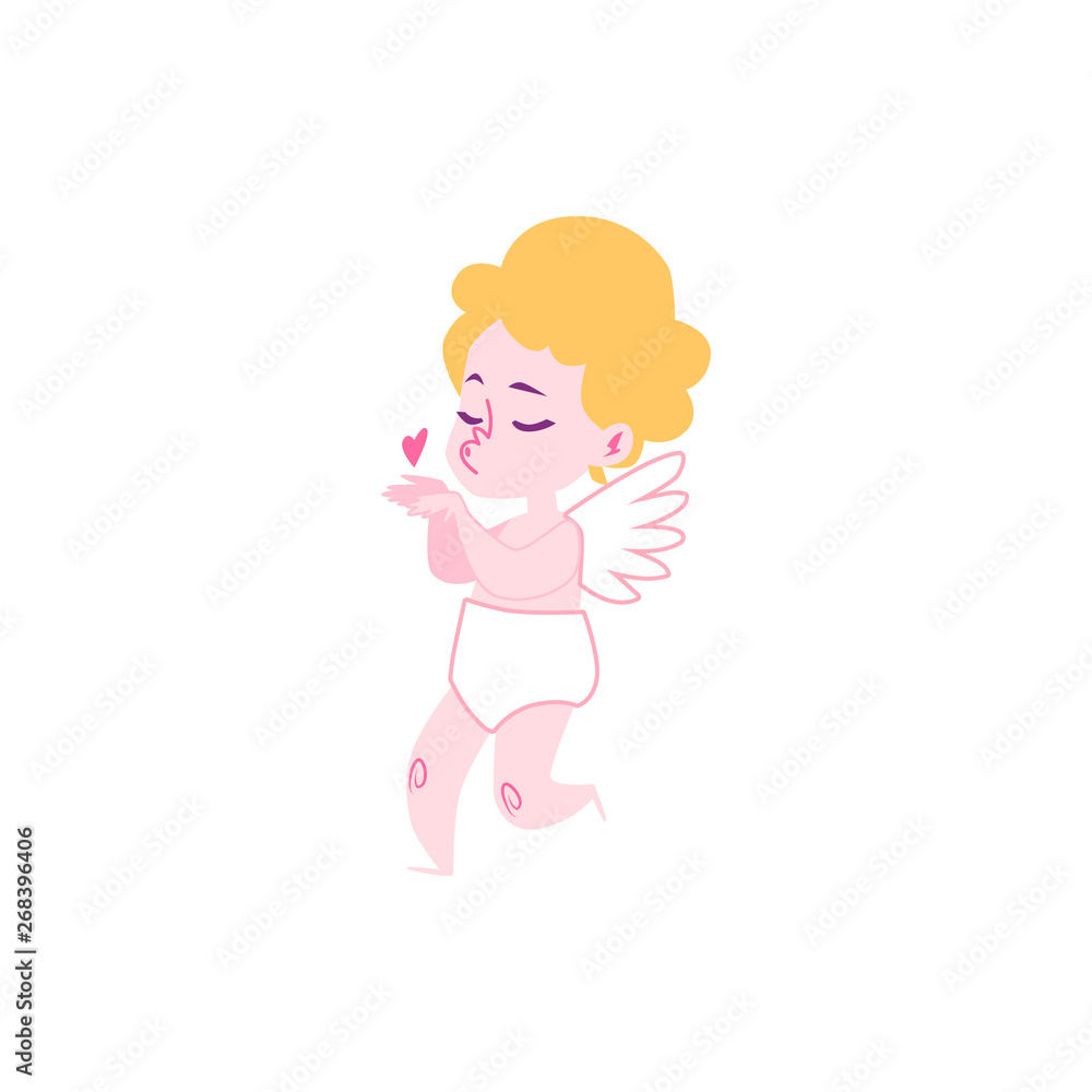 Cute baby cupid or amur with wings sends a kiss.