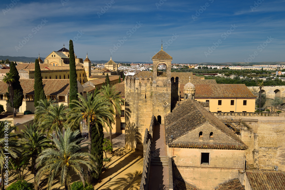 View of Tower of Homage and Cordoba Cathedral Mosque from Tower of Lions Alcazar