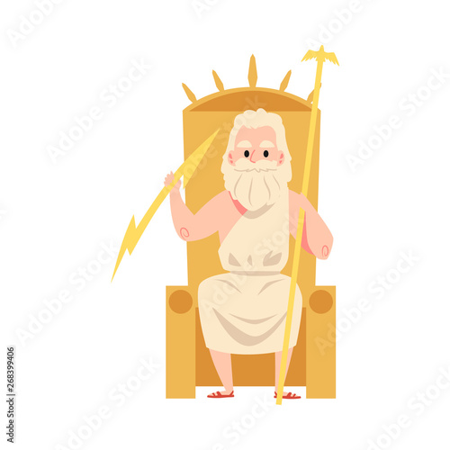 Man or Zeus Greek God sits on throne holding staff and lightning cartoon style