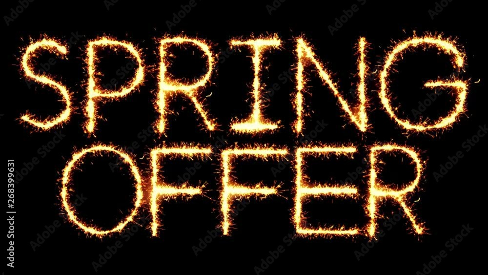 Spring Offer Text Sparkler Writing With Glitter Sparks Particles Firework on Black 4K Loop Background. Greeting card, Invitation, Celebration, Party, Gift, Message, Wishes, Festival. Spring Offer Text Sparkler Writing With Glitter Sparks Particles Firework on Black 4K Loop Background. Greeting card, Invitation, Celebration, Party, Gift, Message, Wishes, Festival.