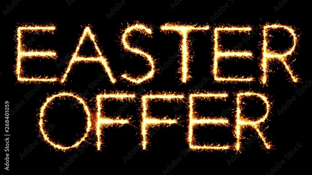 Easter Offer Text Sparkler Writing With Glitter Sparks Particles Firework on Black 4K Loop Background. Greeting card, Invitation, Celebration, Party, Gift, Message, Wishes, Festival. Easter Offer Text Sparkler Writing With Glitter Sparks Particles Firework on Black 4K Loop Background. Greeting card, Invitation, Celebration, Party, Gift, Message, Wishes, Festival.