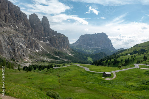 Italian dolomites mountain road with peaks in background