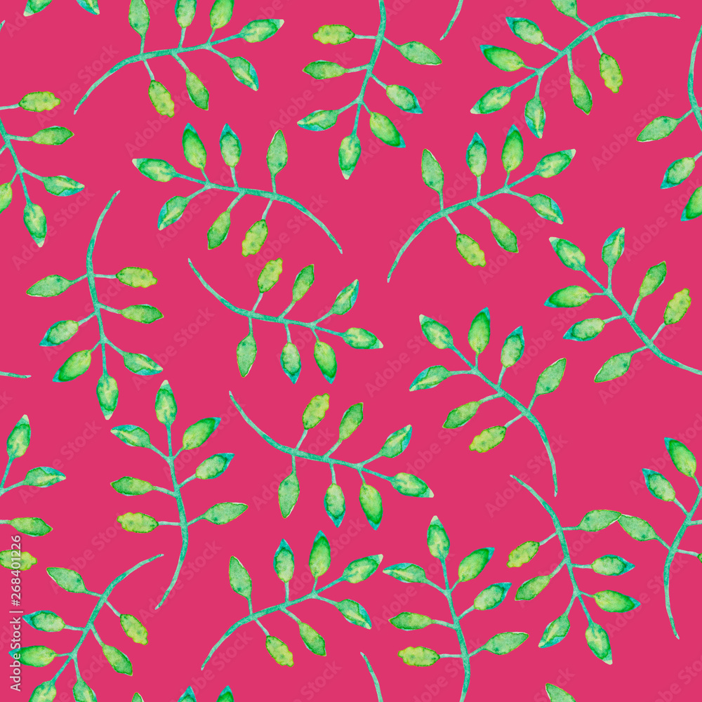 Seamless pattern on vibrant pink background with green leaves on branch, botanical watercolor painting Seamless pattern on vibrant pink background with green leaves on branch, botanical watercolor painting