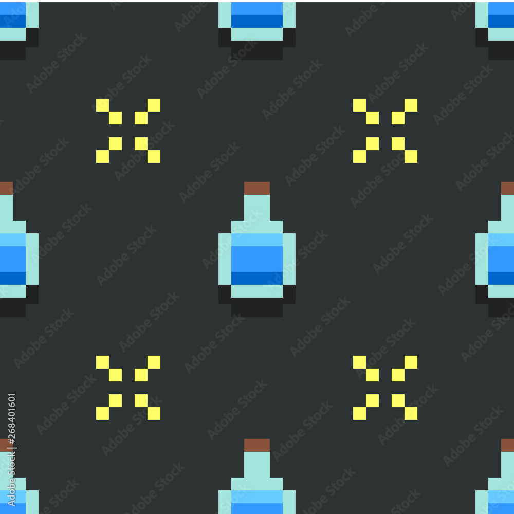 Vecteur Stock Seamless pattern with pixel blue potions bottles and