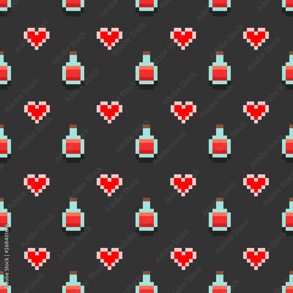 Seamless pattern with pixel potions bottle and red hearts Seamless pattern with pixel potions bottle and red hearts