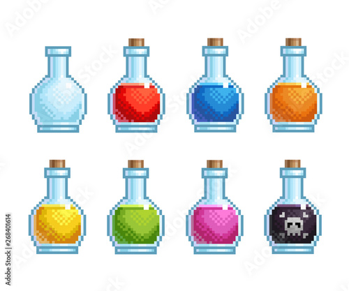 Set of pixel bottles with different potions isolated on white