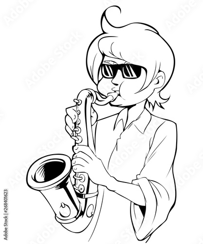 Cartoon saxophonist in sunglasses. Drawing of a young man playing sax