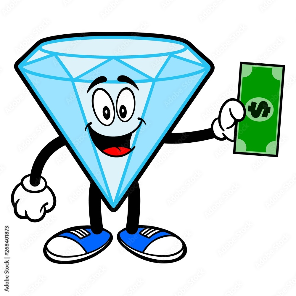 Diamond Mascot with a Dollar - A cartoon illustration of a Diamond Mascot.