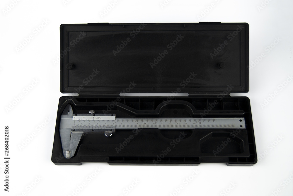 vernier caliper metal with product container box packaging on plain isolated white background vernier caliper metal with product container box packaging on plain isolated white background