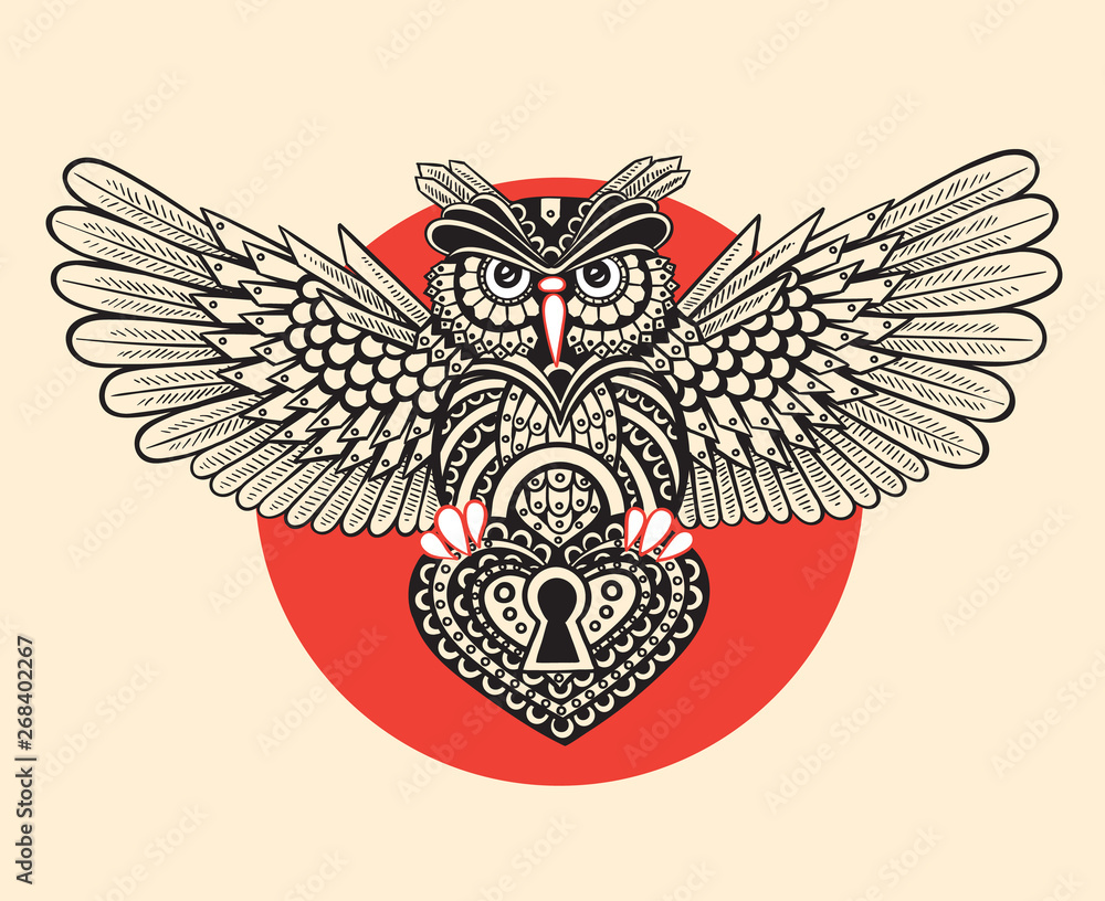 Stylized owl with a lock in the claws in the form of a heart Stylized owl with a lock in the claws in the form of a heart