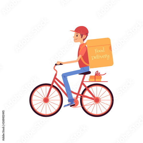 Delivery man riding bicycle and shipping thermo bag and boxes cartoon style