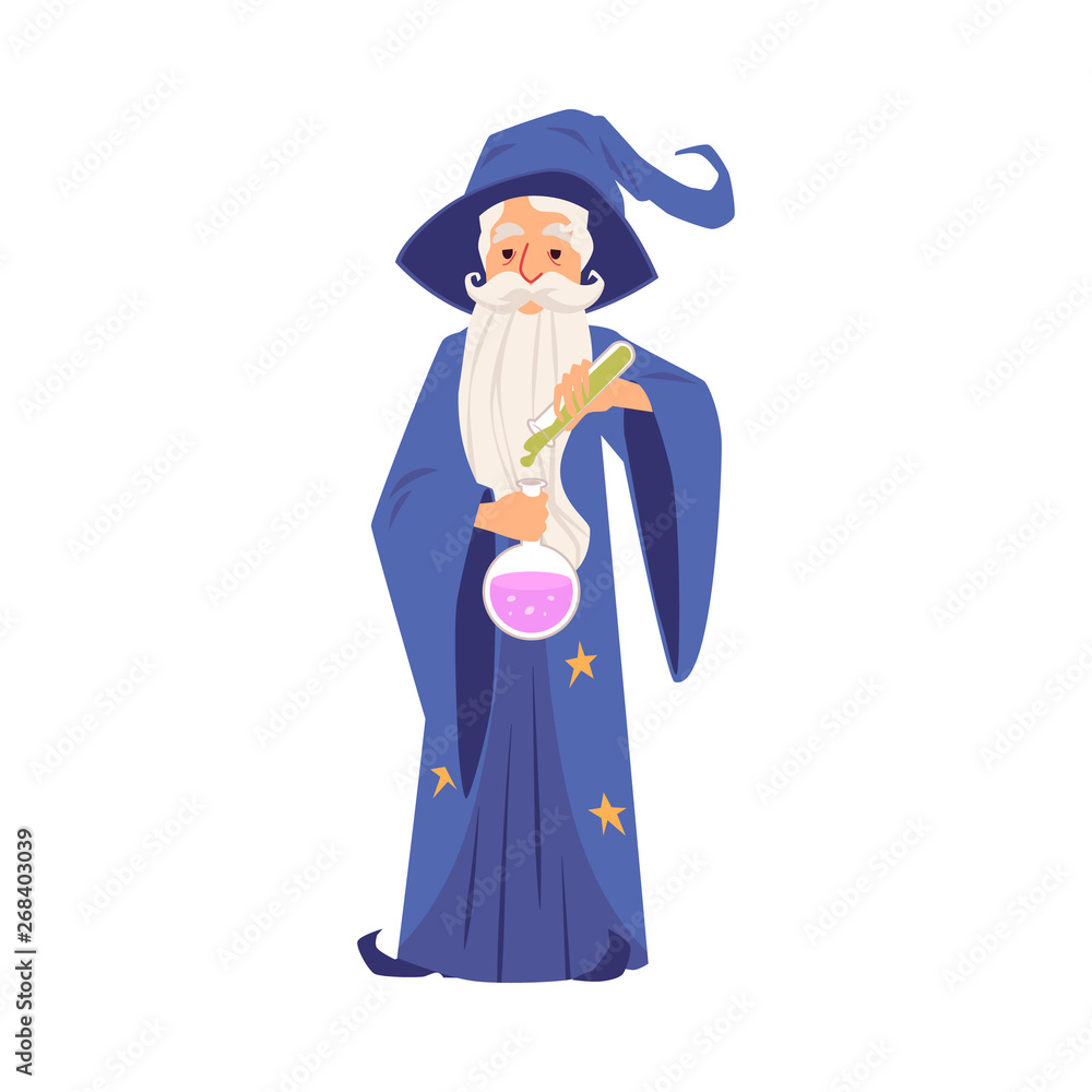 Old wizard man in robe and hat stands holding test tube and flask cartoon style