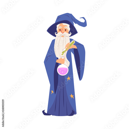 Old wizard man in robe and hat stands holding test tube and flask cartoon style