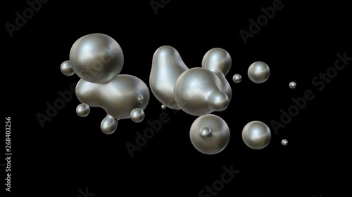 3D illustration of a plurality of drops of mercury in zero gravity, in space coalesce and disintegrate. The idea of unity, harmony and disorder. ZD rendering, futuristic background.