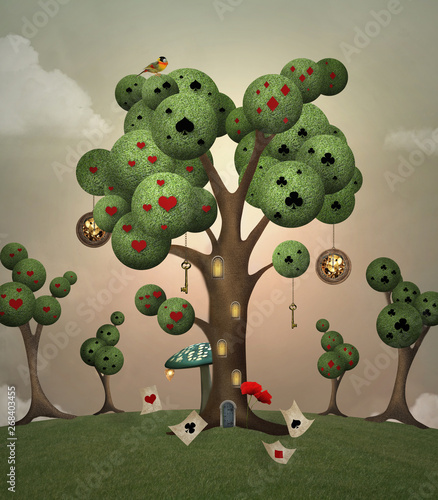 Grassy hill with surreal trees and playing cards - 3D illustration