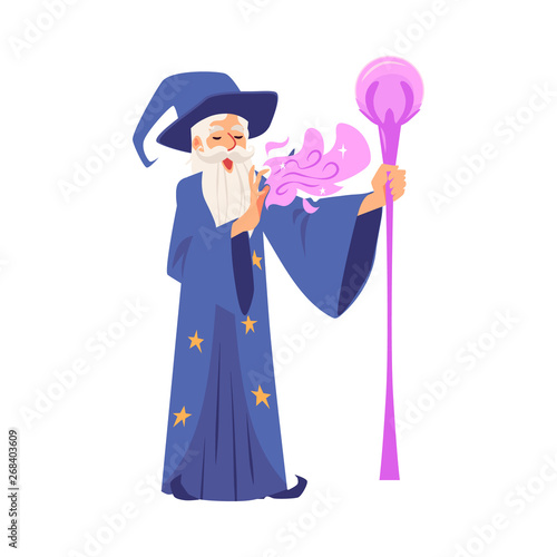 Old wizard man in robe and hat stands with staff and makes magic cartoon style