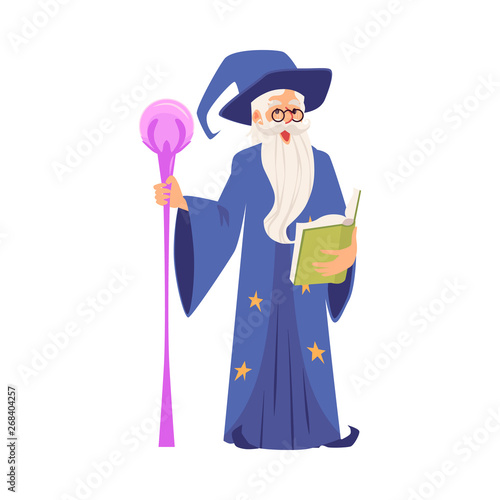 Old warlock in wizards robe flat vector illustration isolated on white background.