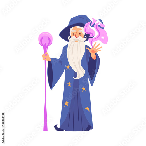 Wizard or magician creates magic flat vector illustration isolated on white.