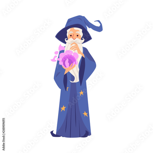 Wizard or magician with magic ball flat vector illustration isolated on white.